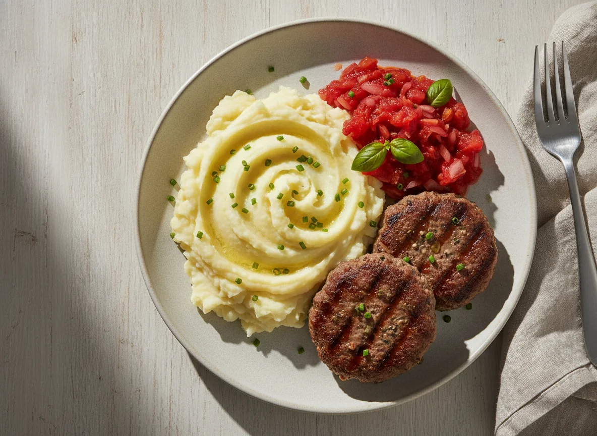 Mashed Potatoes with Tomato Relish and Meat Patties photo