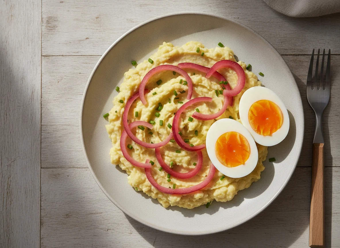 Mashed Yam with Pickled Onions and Hard-Boiled Eggs photo