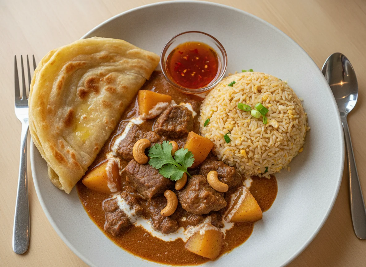 Massaman Beef Curry with Fried Rice and Roti photo