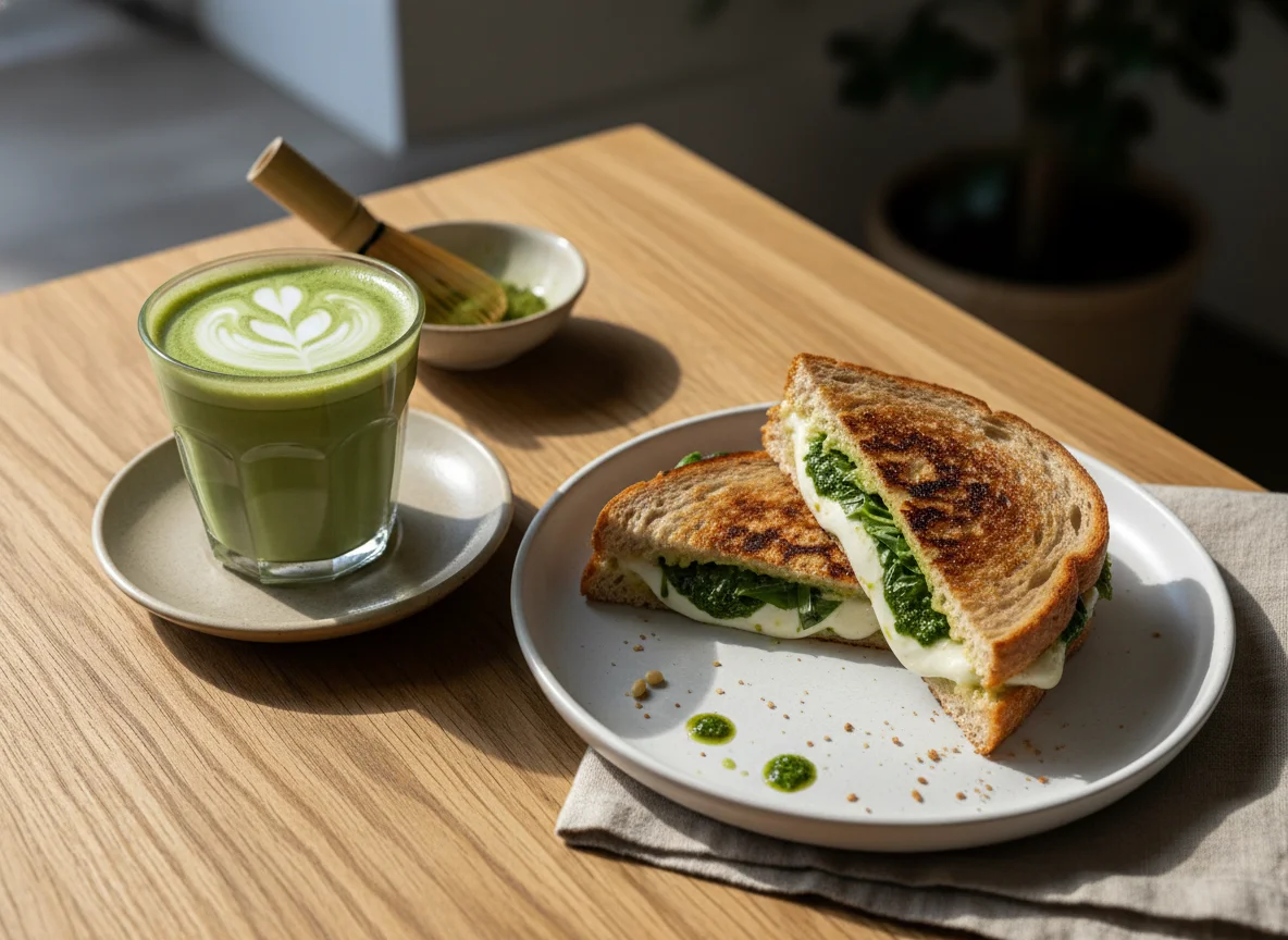 Matcha Latte and Panini photo