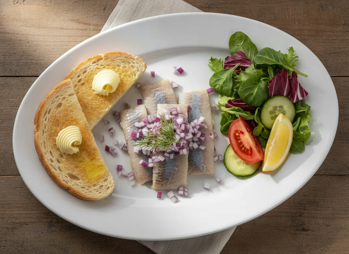 Matjes herring with toast and side salad photo