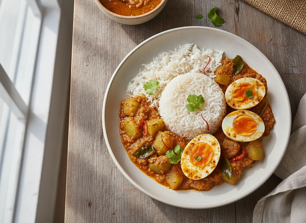 Mauritian Egg Curry with Basmati Rice and Chayote photo