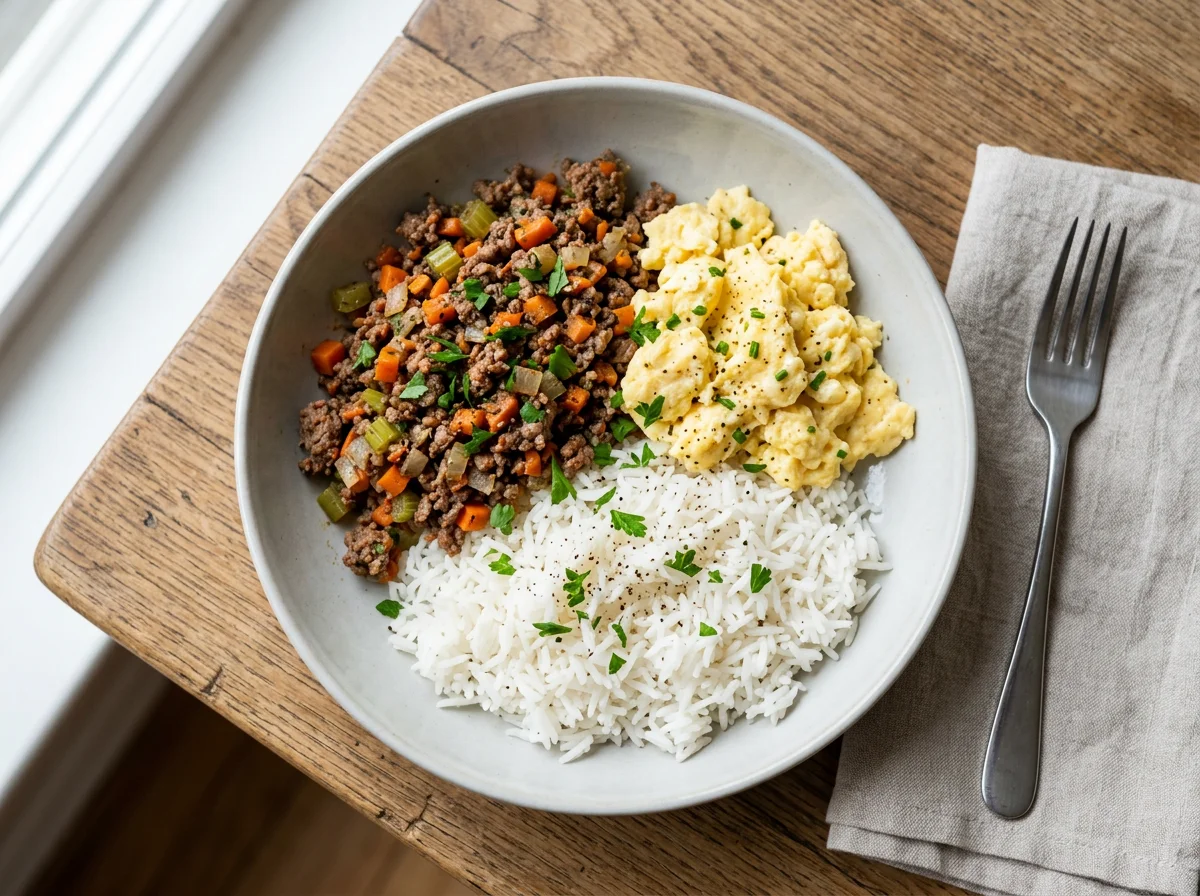 Meal Prep with Ground Meat, Scrambled Eggs, and Rice photo