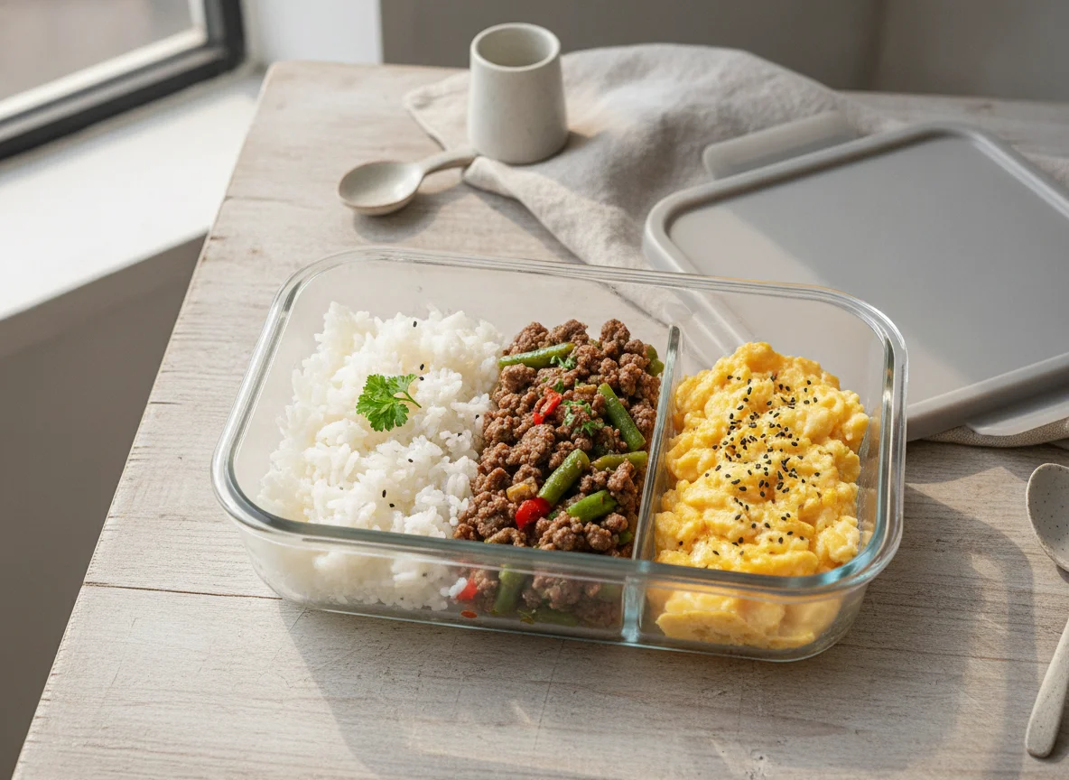 Meal Prep with Rice, Ground Meat and Scrambled Eggs photo