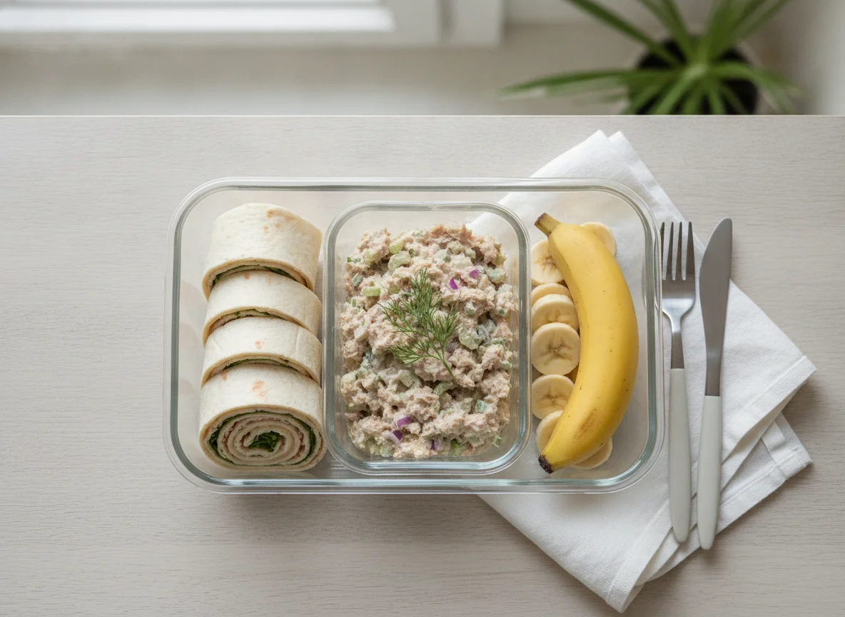 Meal Prep with Tortilla, Tuna Salad, and Banana photo
