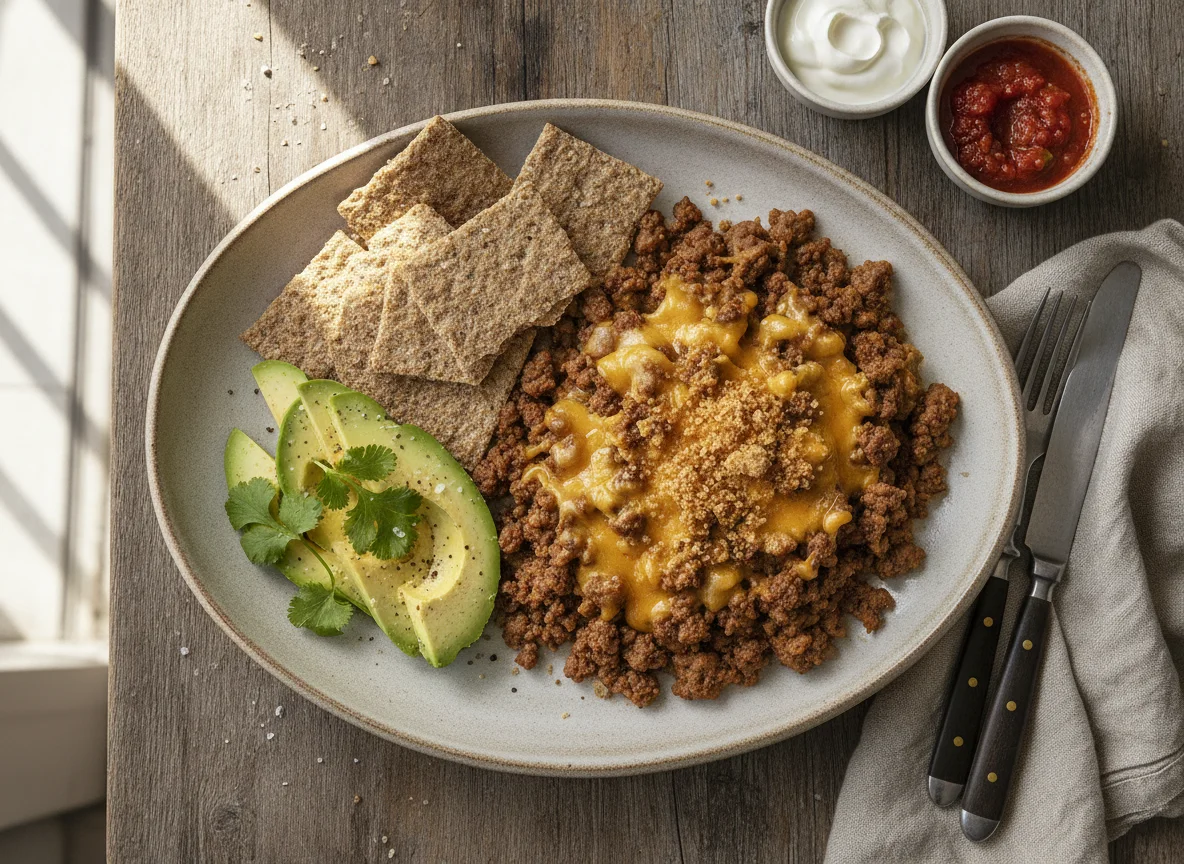 Meal with Avocado, Crackers, and Minced Meat with Cheese photo