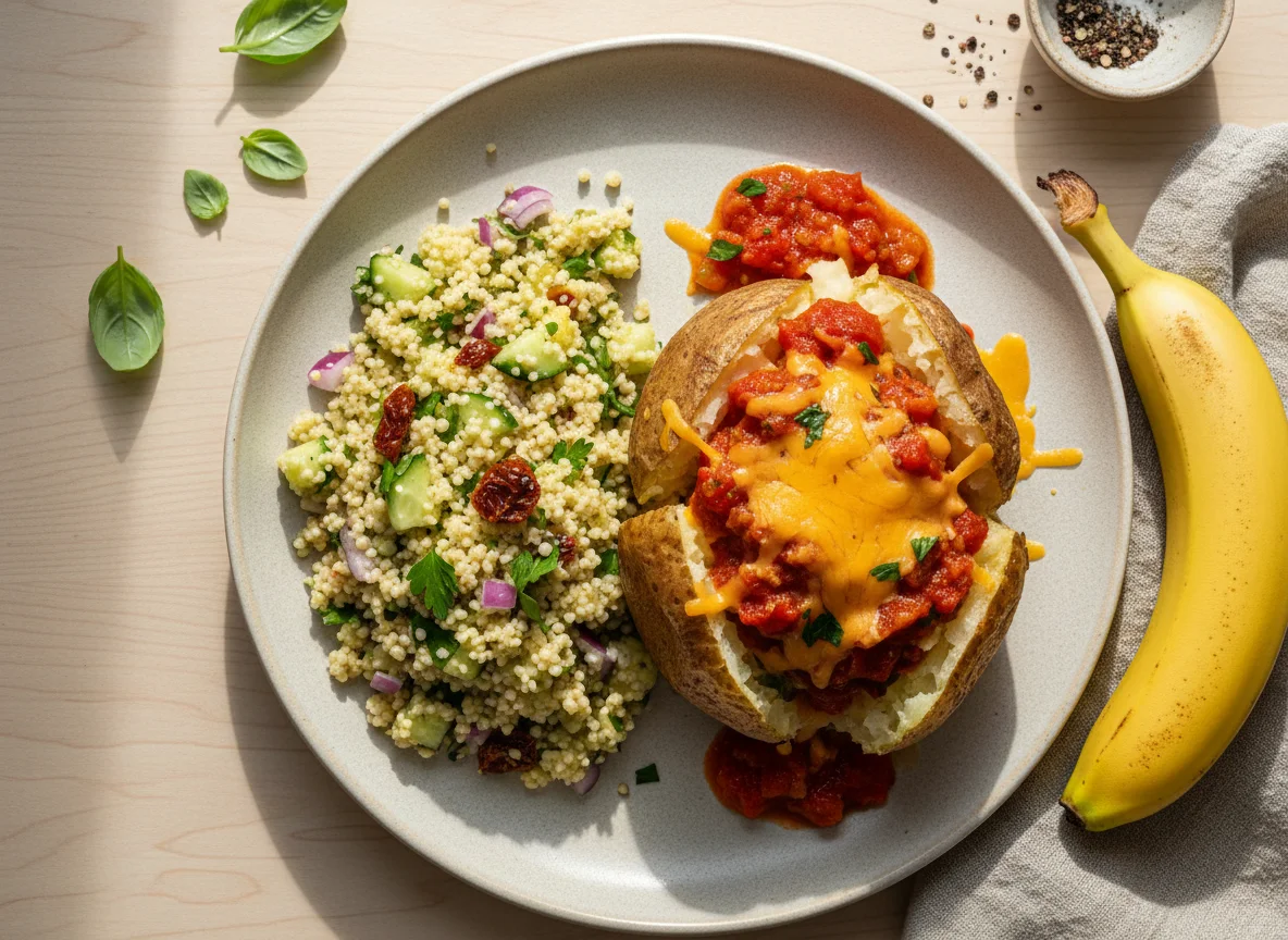 Meal with Baked Potato, Couscous Salad, and Banana photo