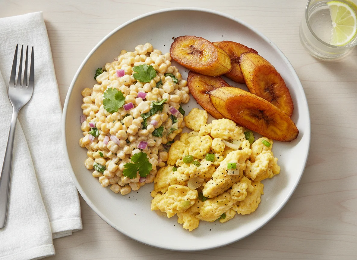 Meal with Corn Salad, Fried Plantain, and Scrambled Eggs photo