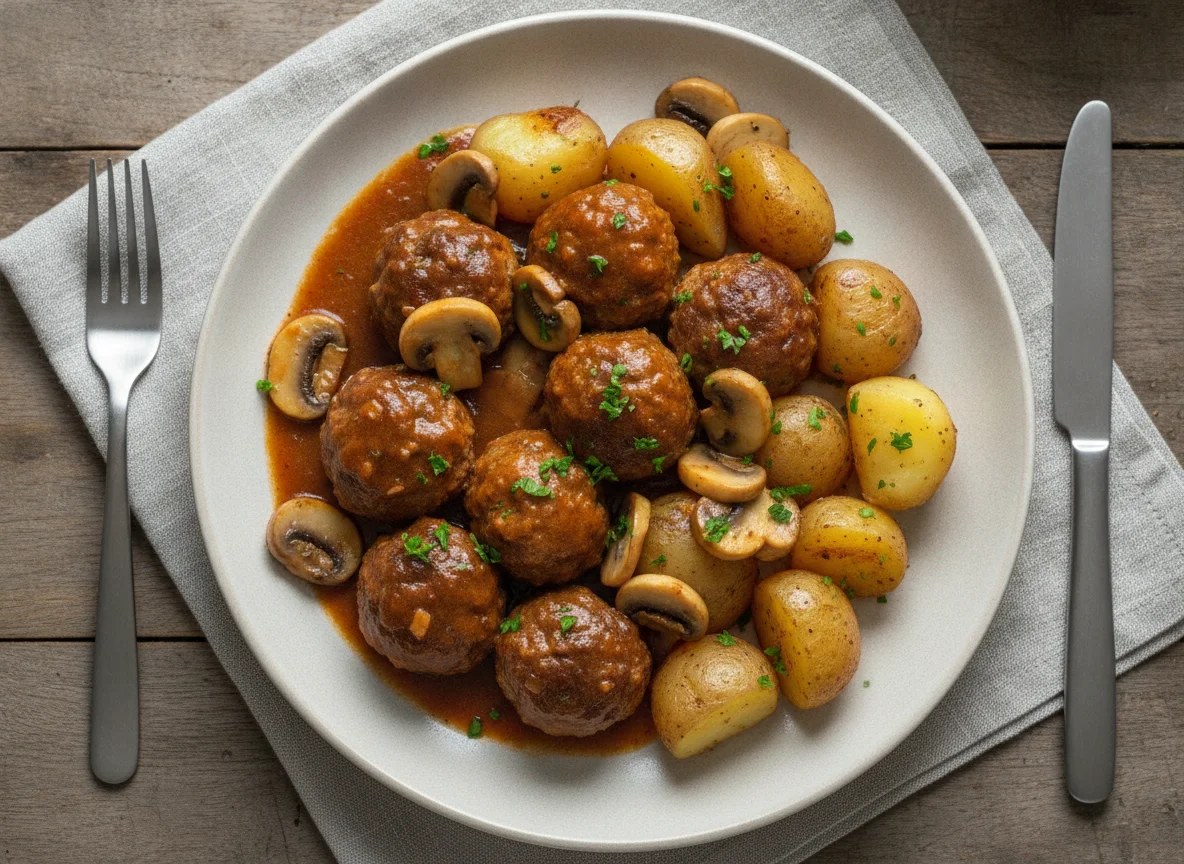 Meal with meatballs, mushrooms, and potatoes photo