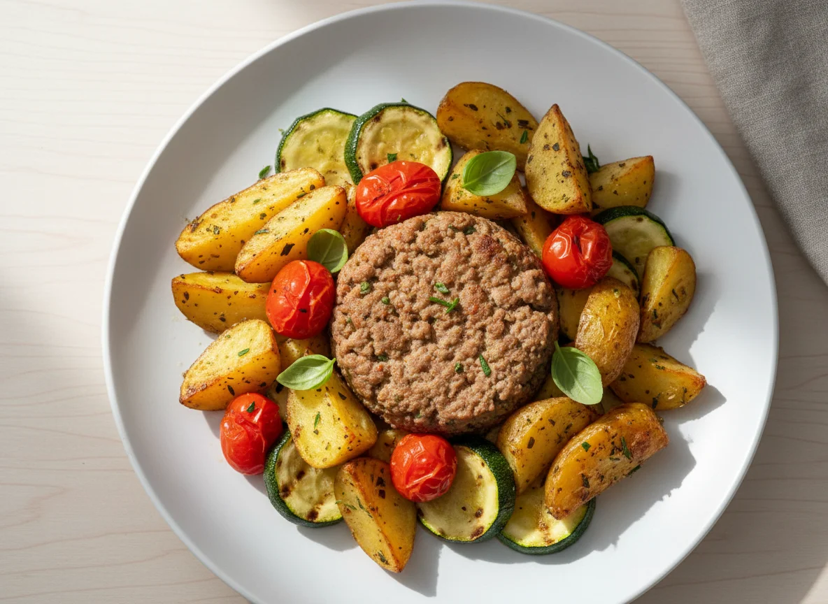 Meal with Roasted Potatoes, Meat, Tomatoes, and Zucchini photo