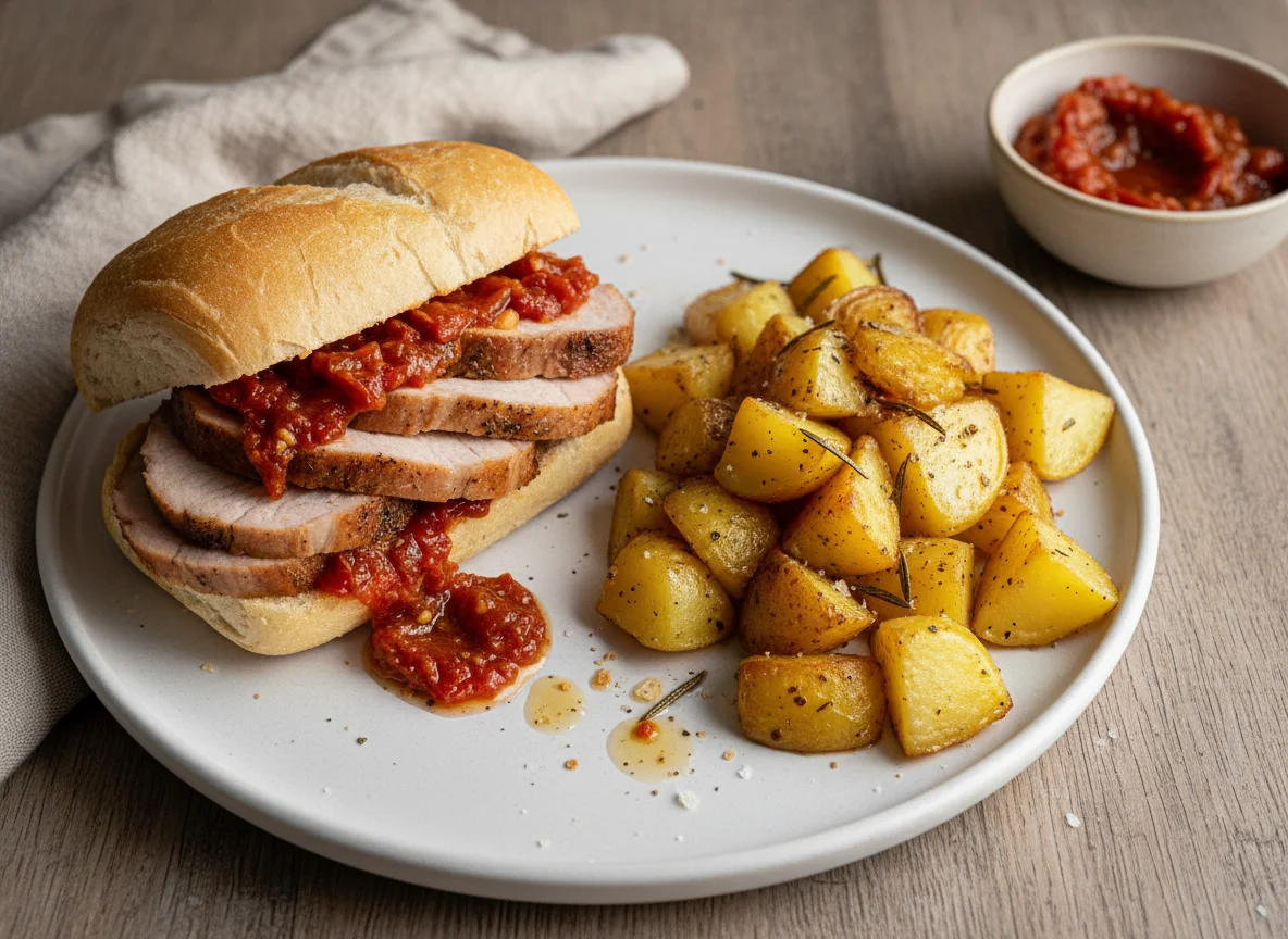Meat and chutney roll with roasted potatoes photo