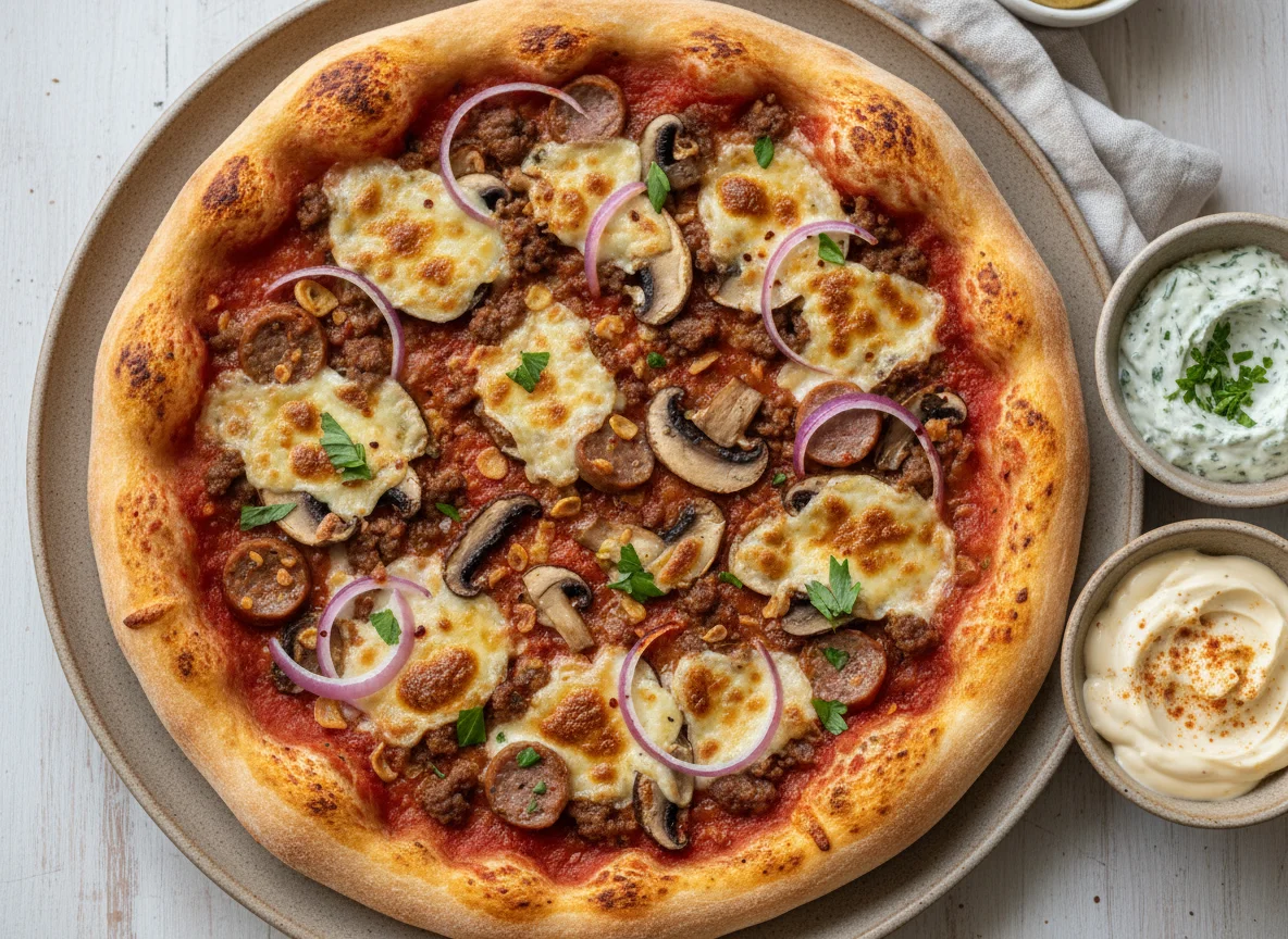 Meat and Mushroom Pizza with Dips photo