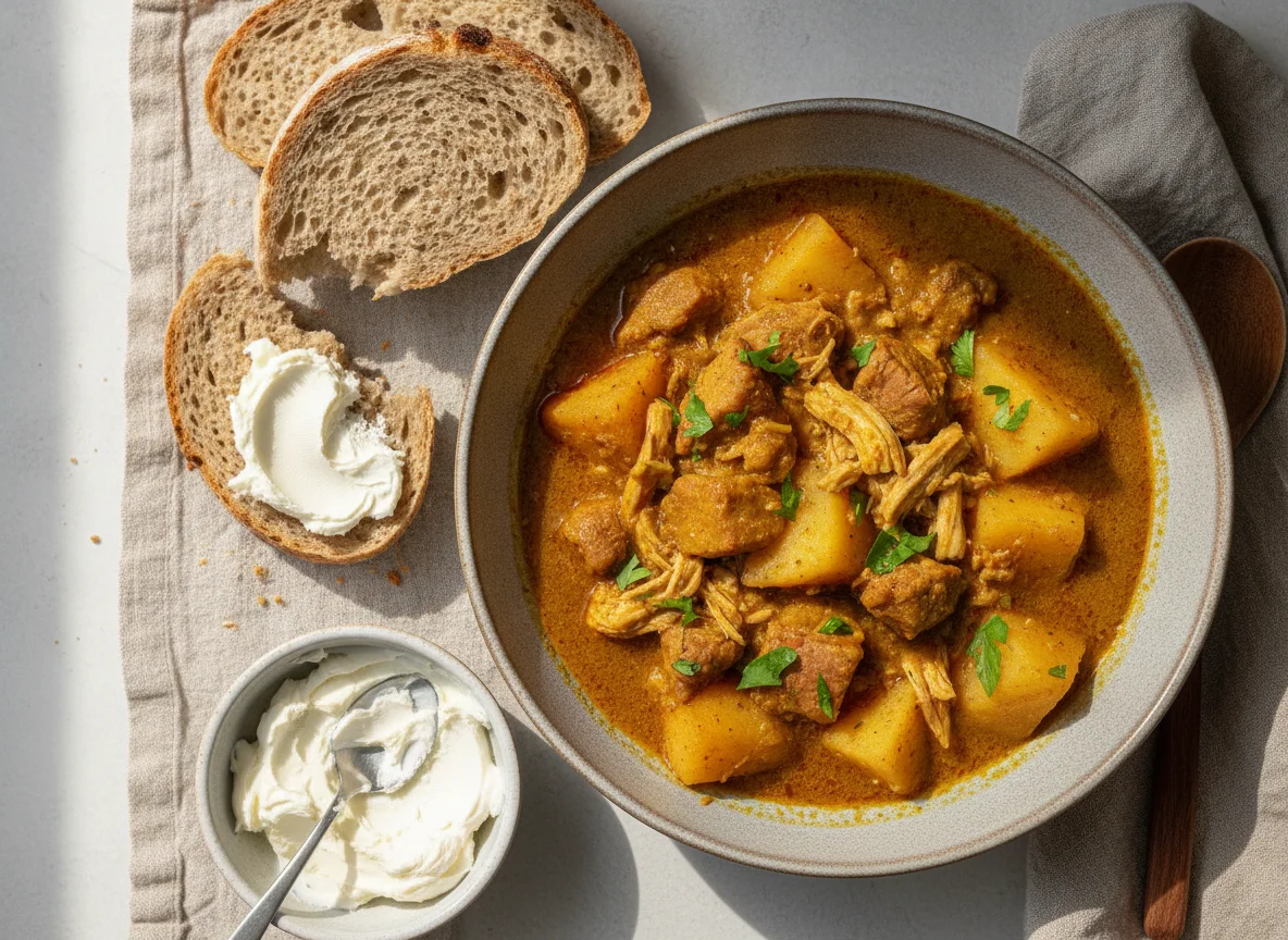 Meat and Potato Curry with Bread and Cream Cheese photo