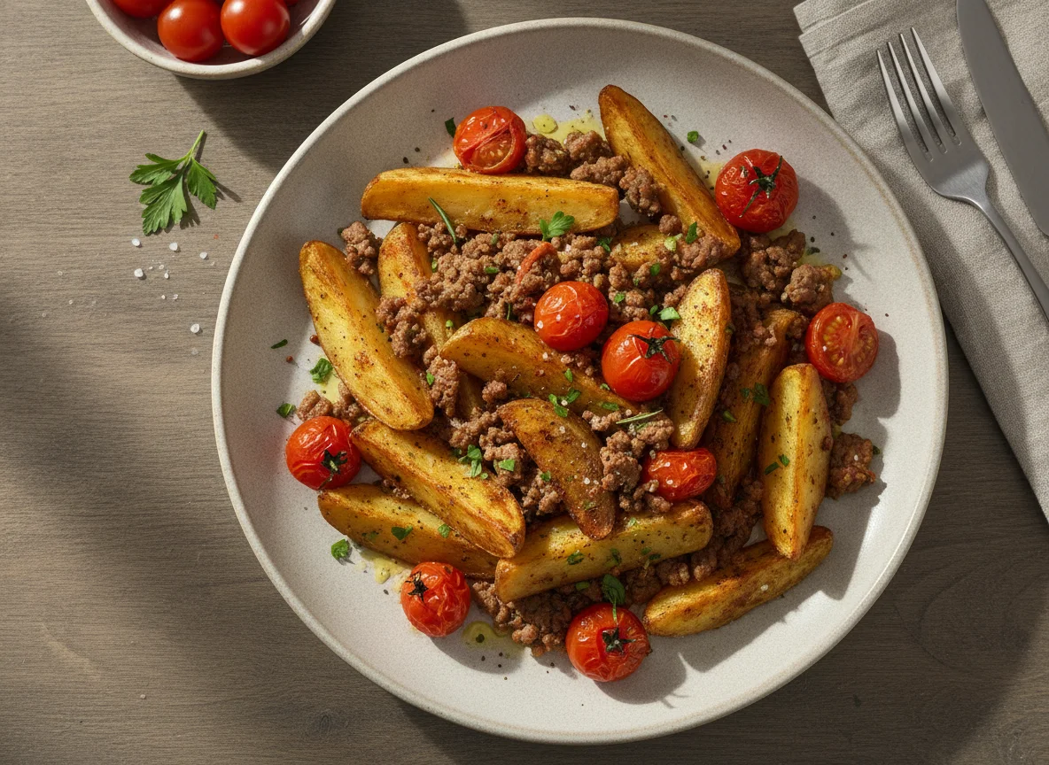 Meat and Potato Meal with Tomatoes photo
