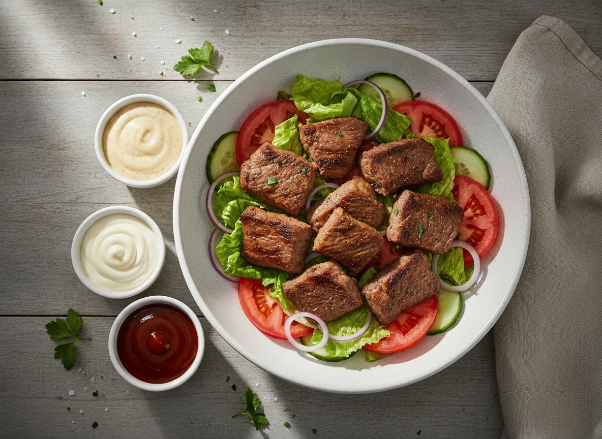 Meat and Salad Bowl with Sauces photo