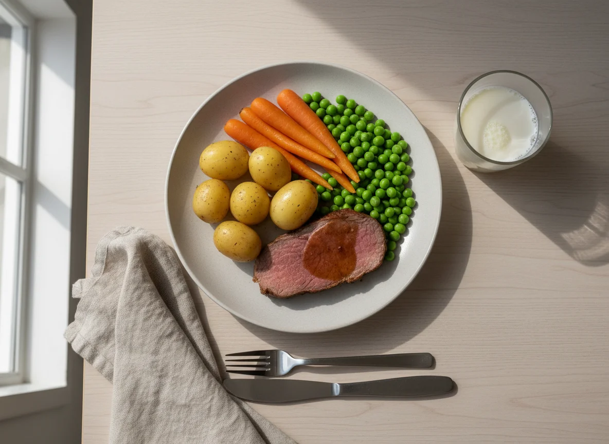 Meat and Vegetable Plate with Milk photo