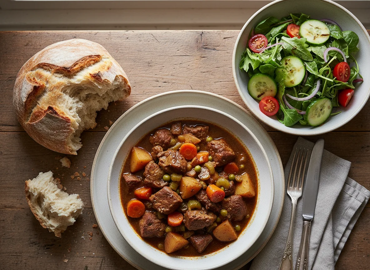 Meat and Vegetable Stew with Bread and Side Salad photo