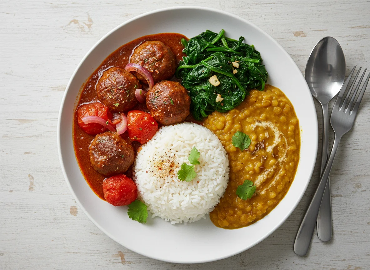 Meat bolls and spinish photo