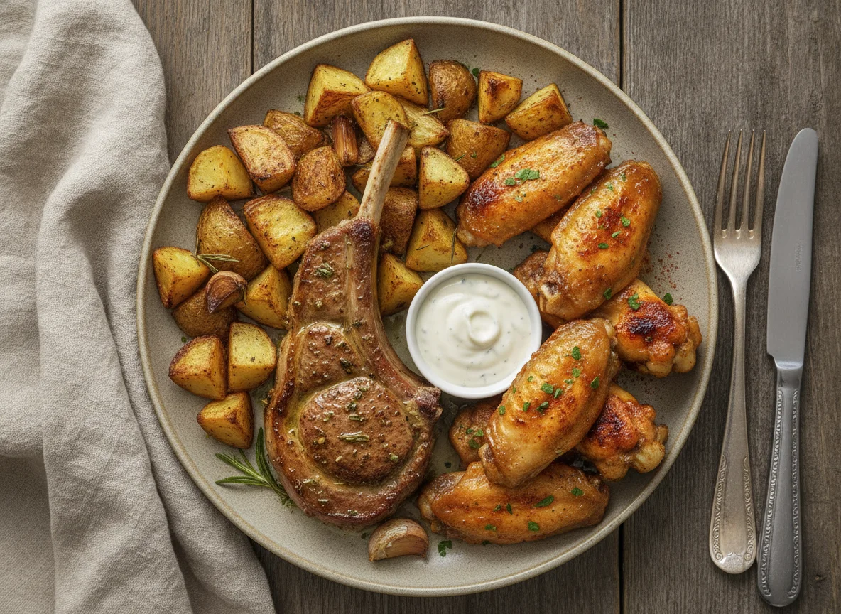 Meat Chop, Roasted Potatoes, and Chicken Wings photo