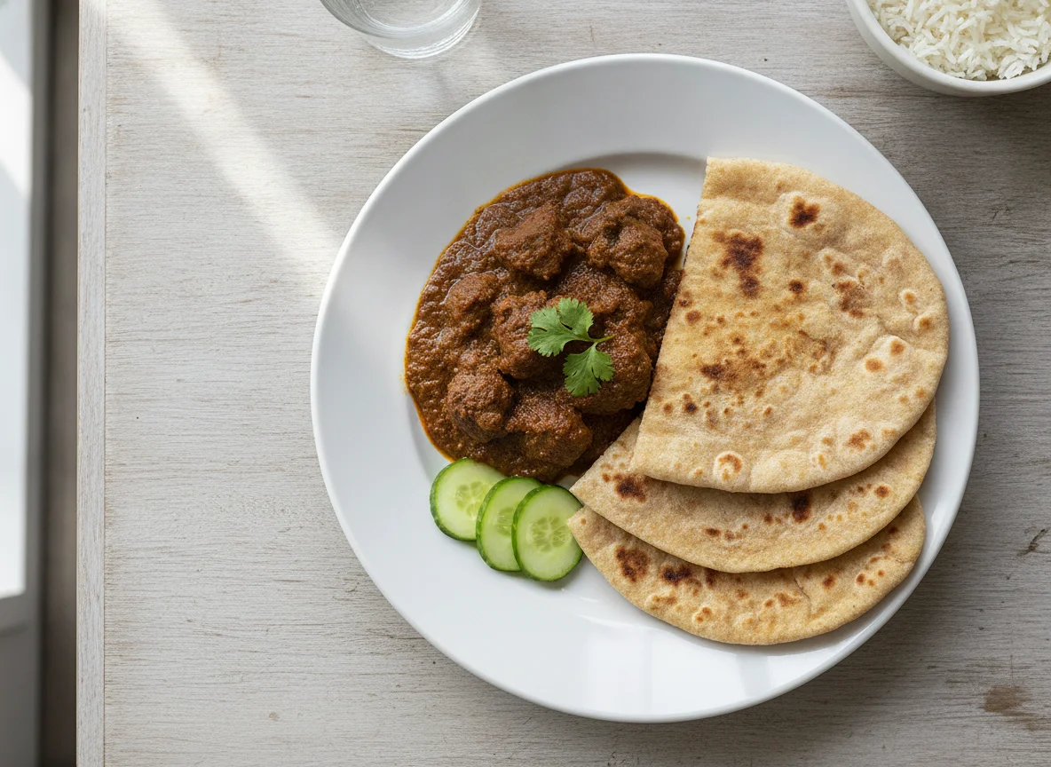 Meat Curry with Flatbread and Cucumber photo