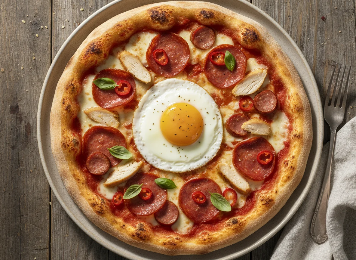 Meat Feast Pizza with Fried Egg photo