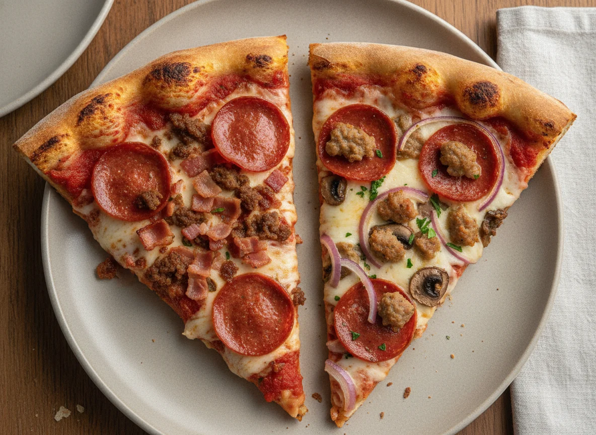 Meat Lovers and Deluxe Pizza Slices photo