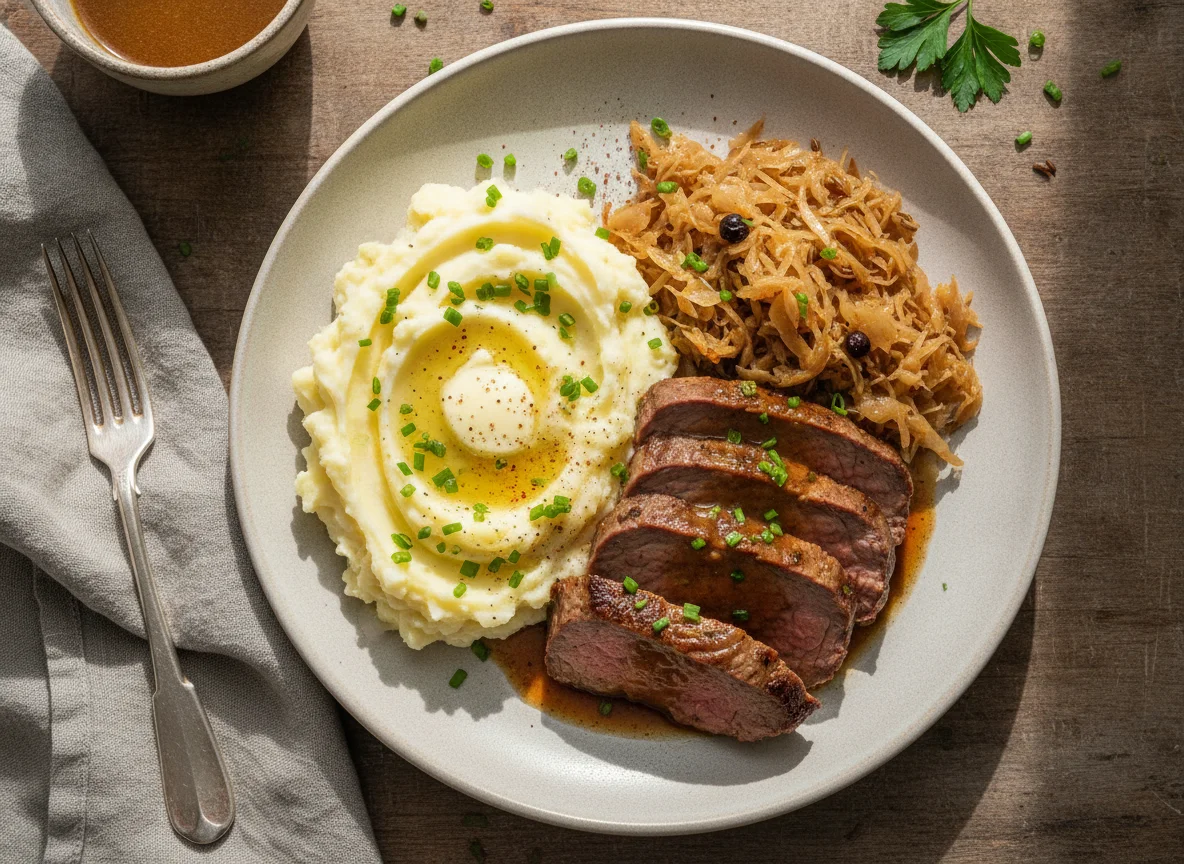 Meat, Mashed Potatoes and Sauerkraut photo