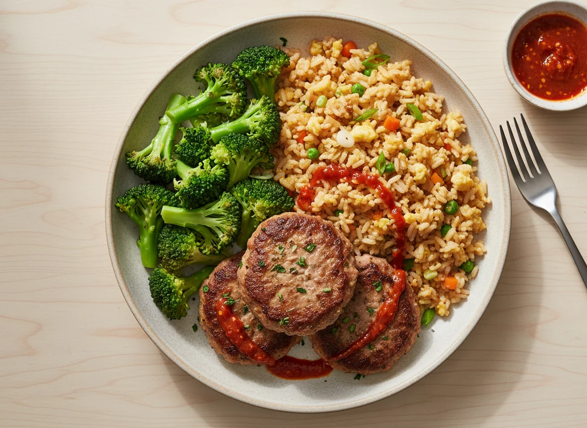 Meat patties with broccoli and fried rice photo
