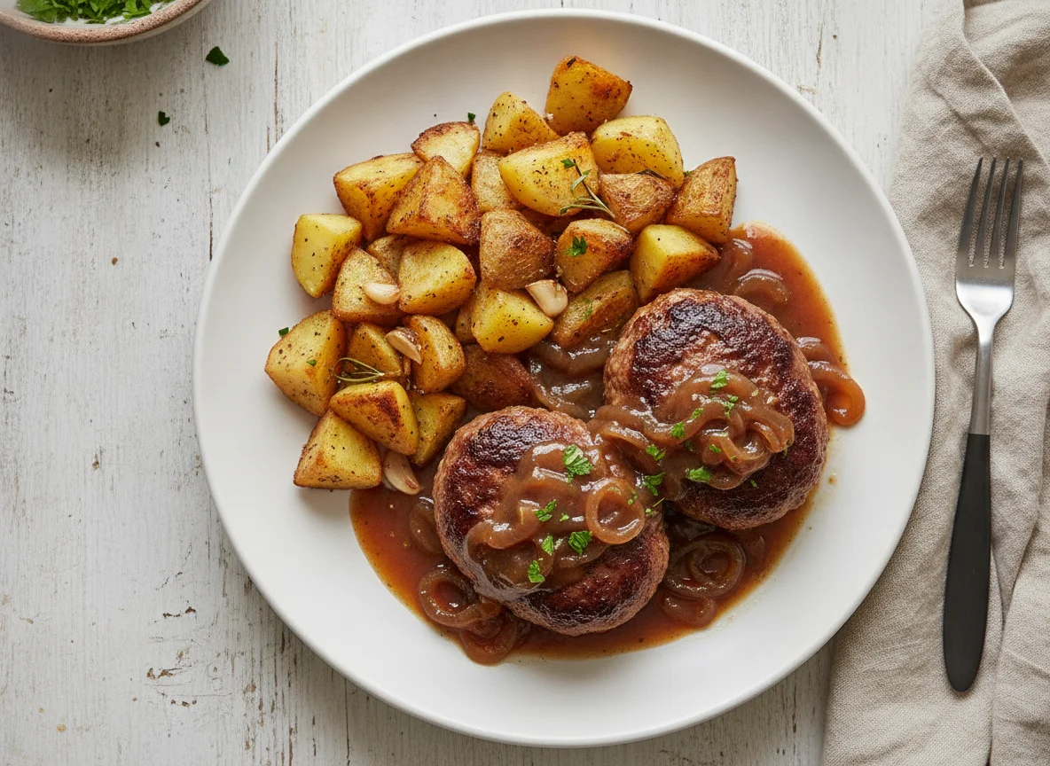 Meat patties with gravy and roasted potatoes photo