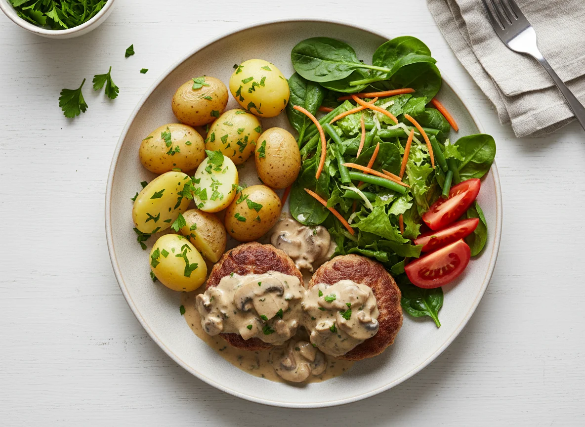 Meat patties with potatoes and salad photo