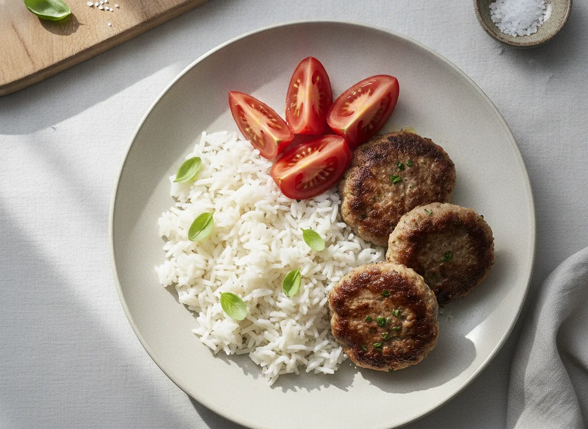 Meat patties with rice and tomato wedges photo