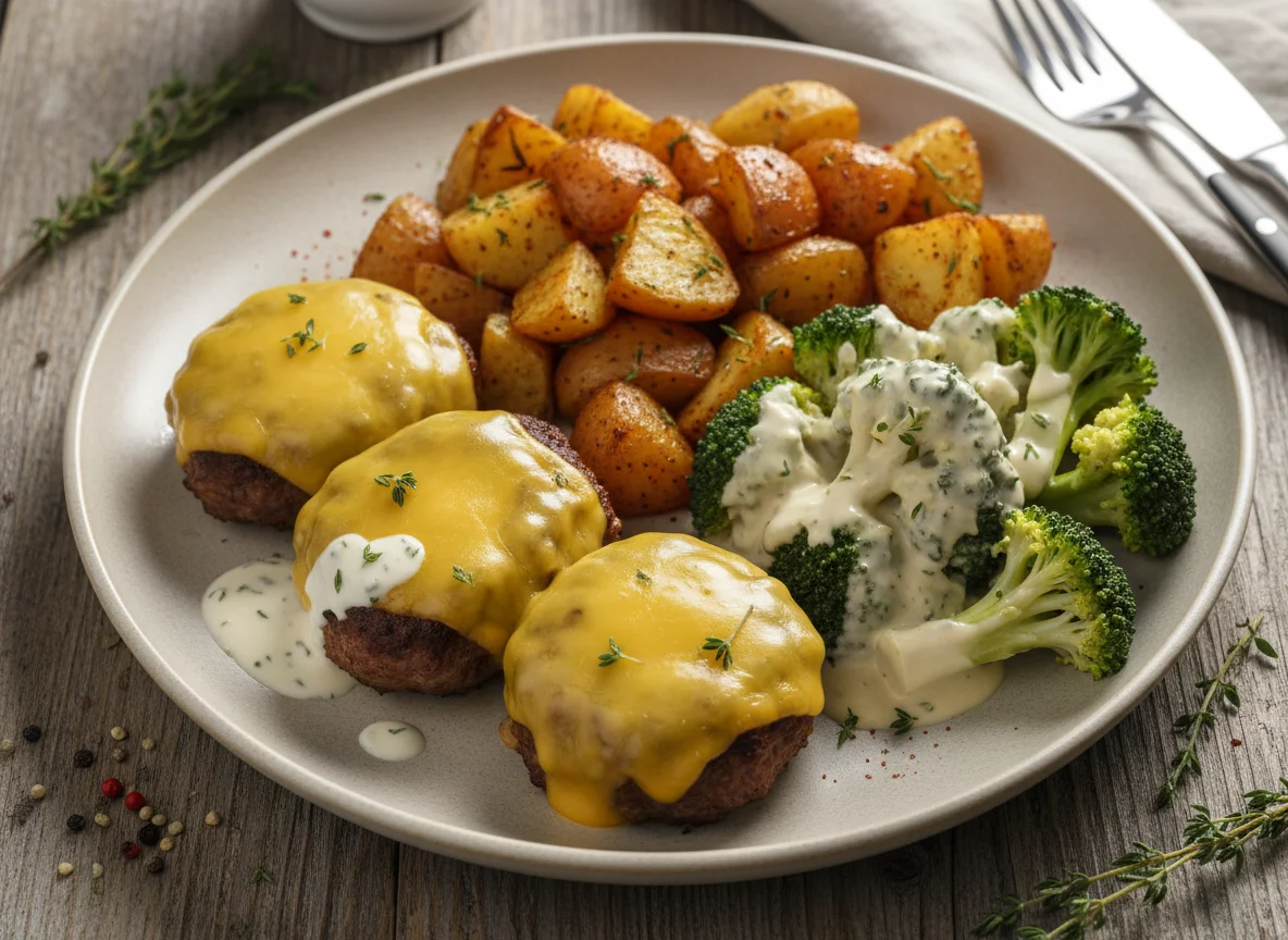 Meat Patties with Roasted Potatoes and Broccoli photo