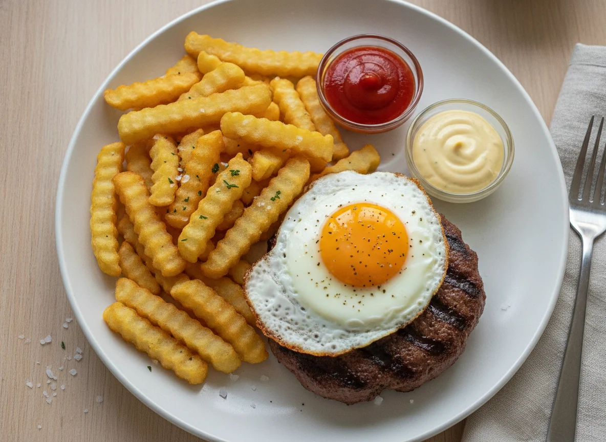 Meat Patty, Egg and Fries photo