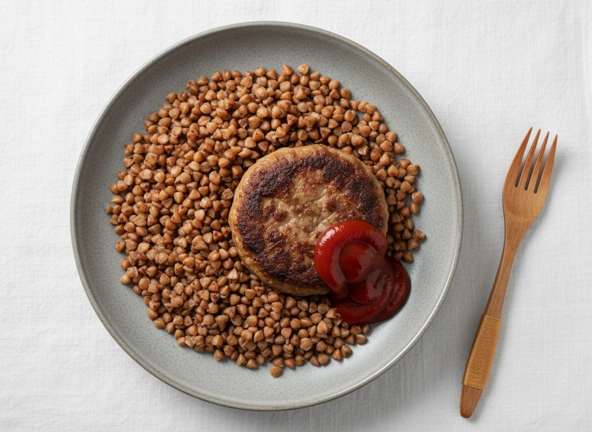 Meat patty with buckwheat and ketchup photo