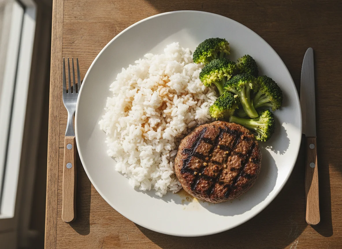 Meat Patty with Rice and Broccoli photo