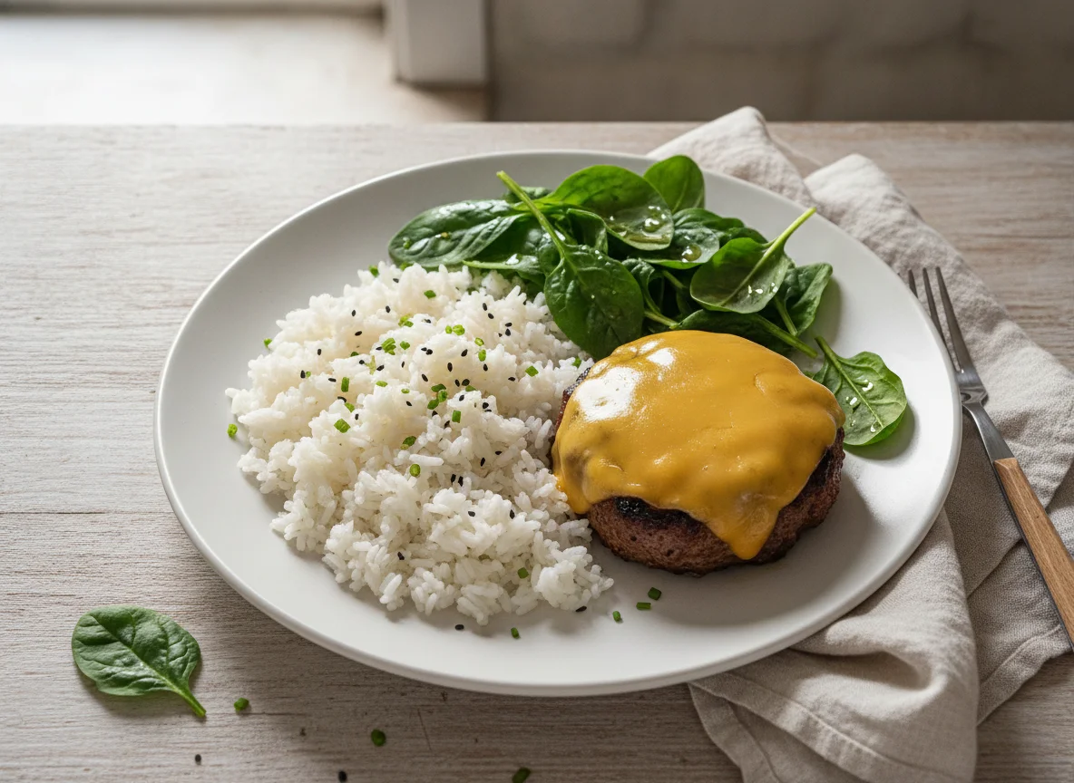 Meat patty with rice and spinach photo