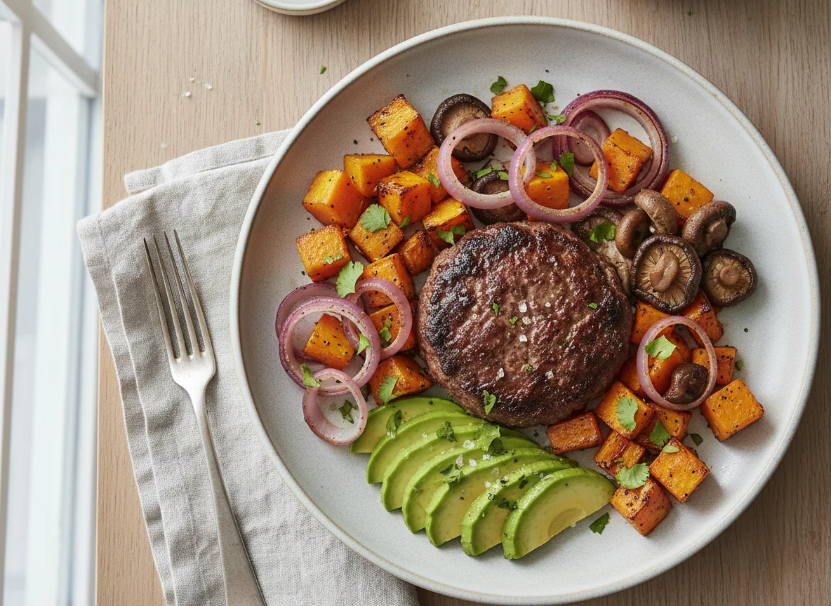Meat patty with roasted squash, mushrooms, onions and avocado photo