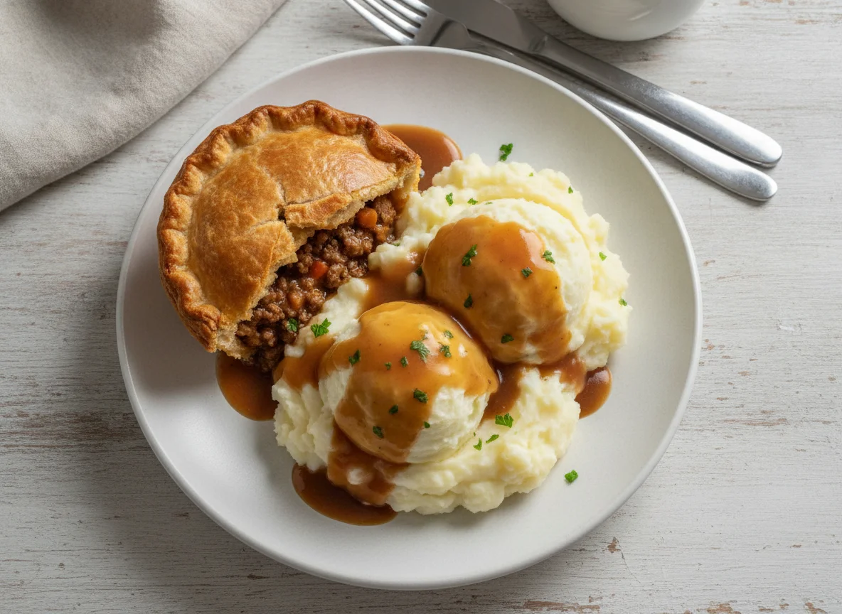Meat Pie with Mashed Potatoes and Gravy photo
