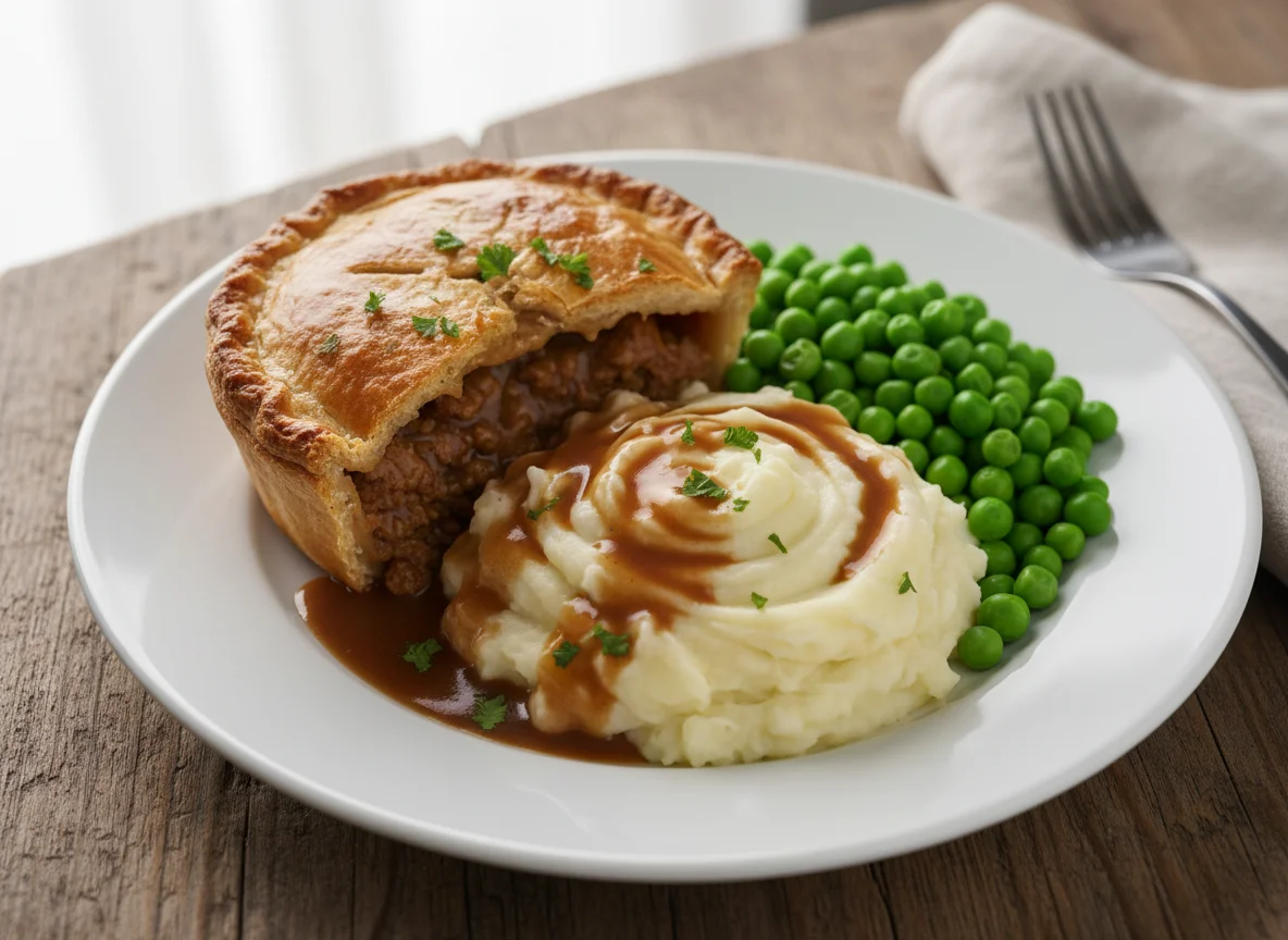 Meat Pie with Mashed Potatoes, Peas and Gravy photo