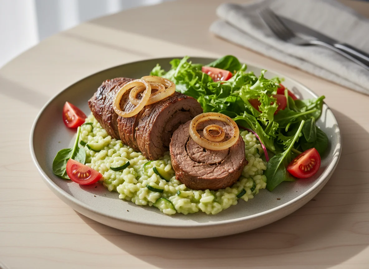 Meat roll with onions, salad, tomatoes, and zucchini rice photo