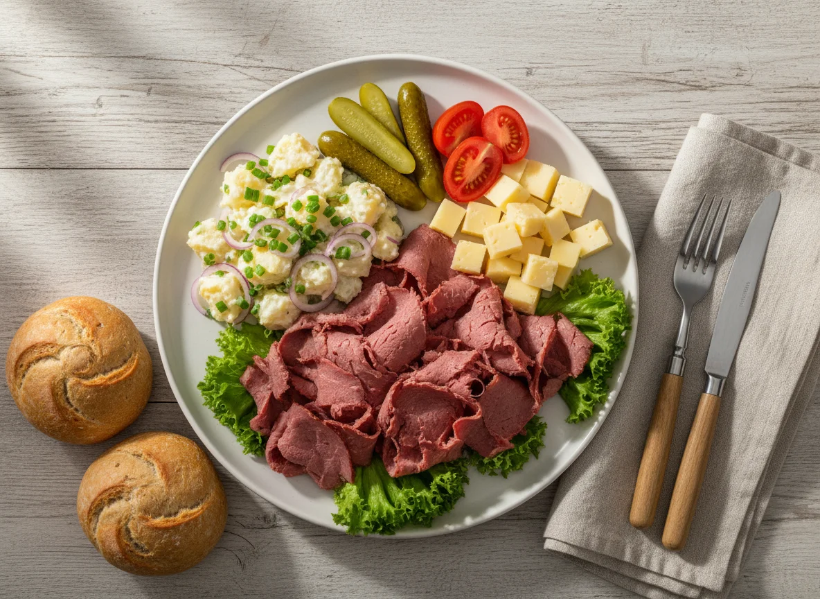 Meat spread with potato salad and pickles photo