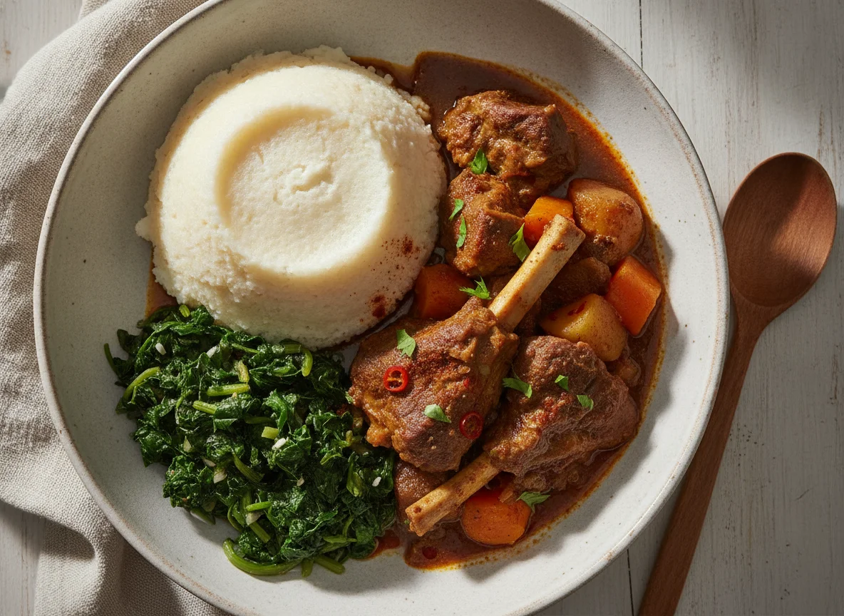 Meat Stew with Pap and Morogo photo