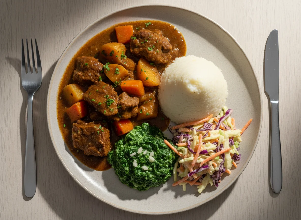 Meat Stew with Pap, Spinach, and Coleslaw photo