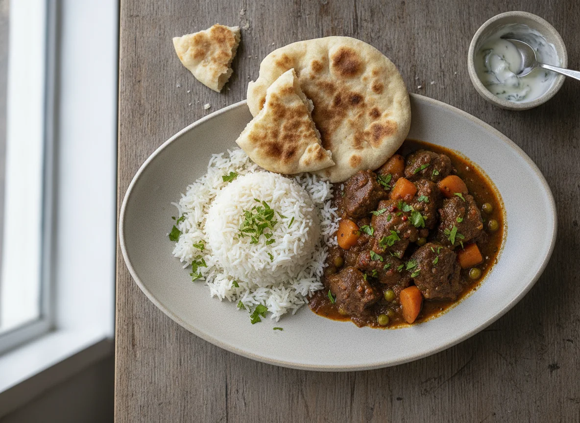Meat Stew with Rice and Flatbread photo