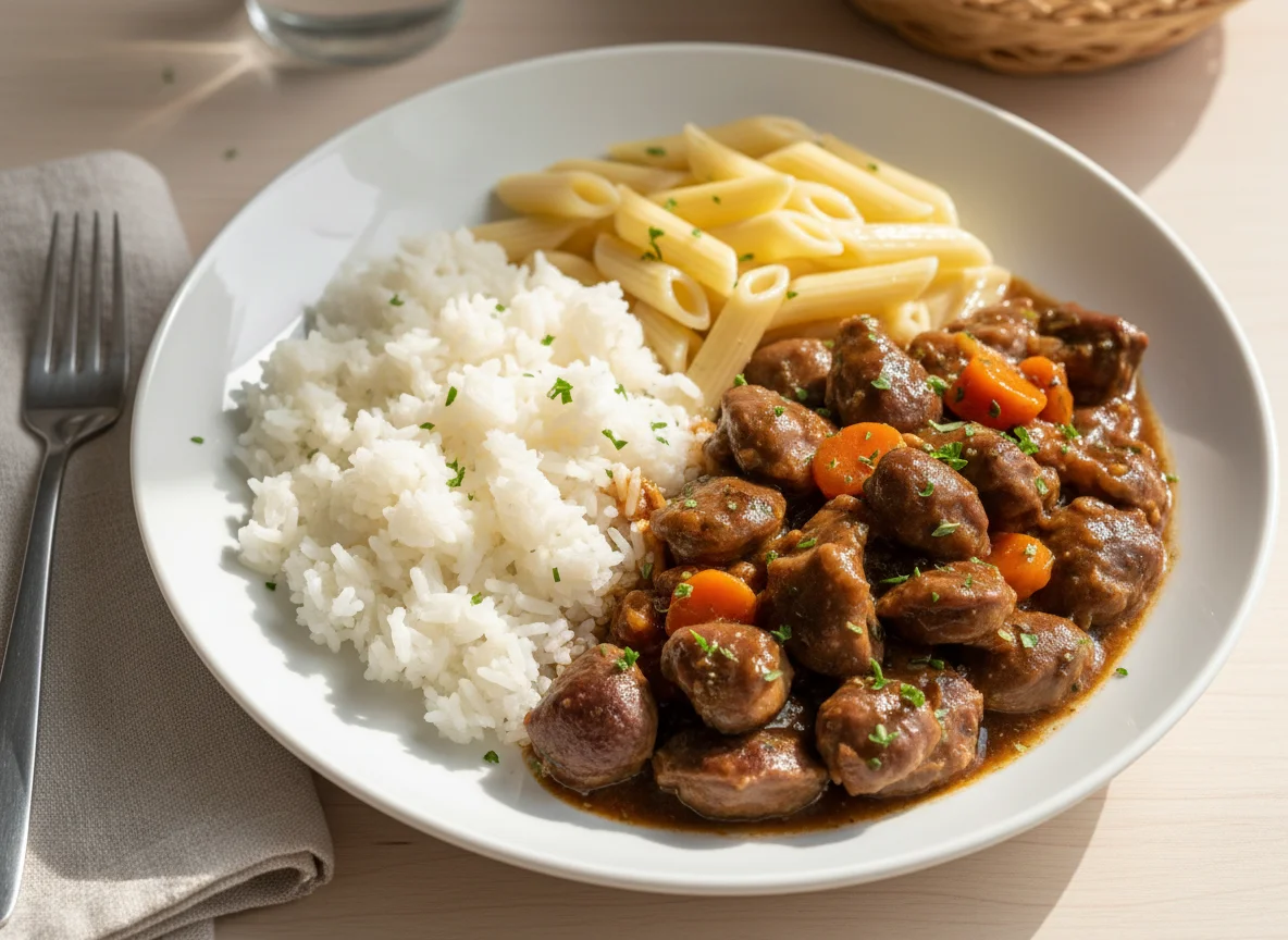 Meat Stew with Rice and Penne Pasta photo