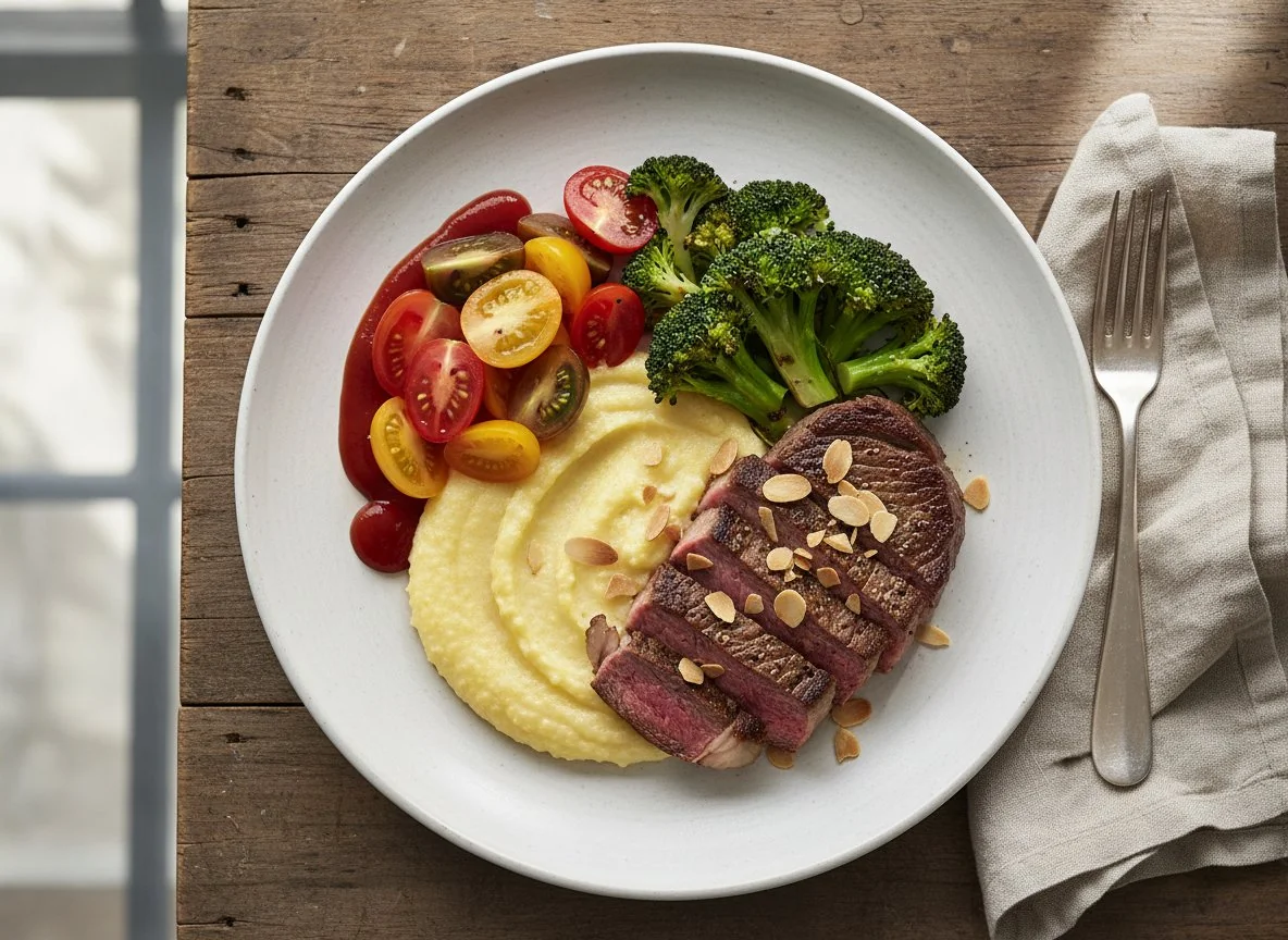 Meat with Broccoli, Polenta and Tomato Salad photo
