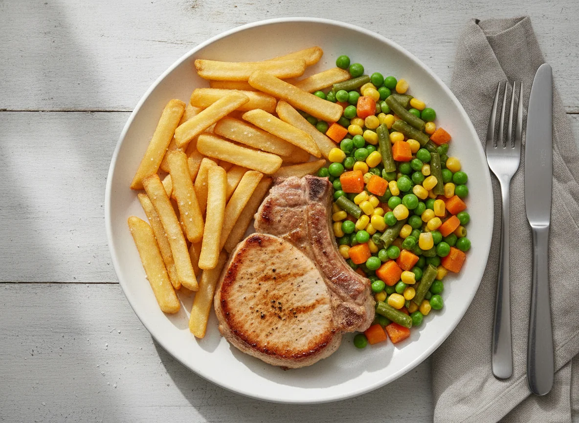 Meat with Chips and Mixed Vegetables photo