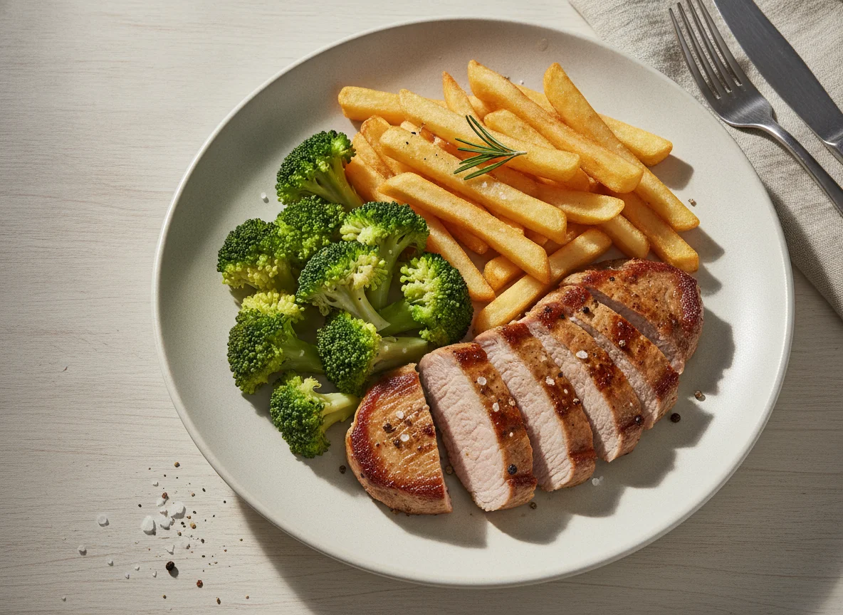 Meat with fries and broccoli photo