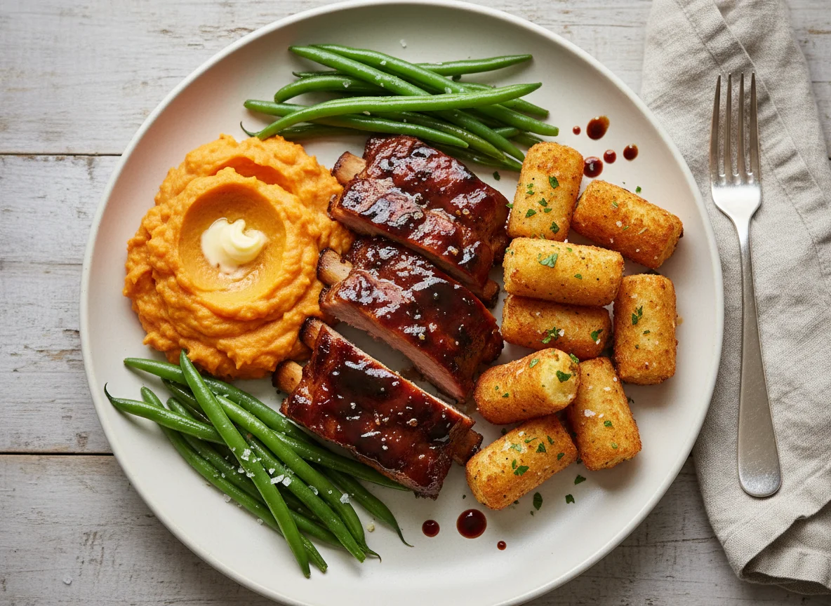 Meat with Green Beans, Sweet Potato Mash, and Potato Croquettes photo