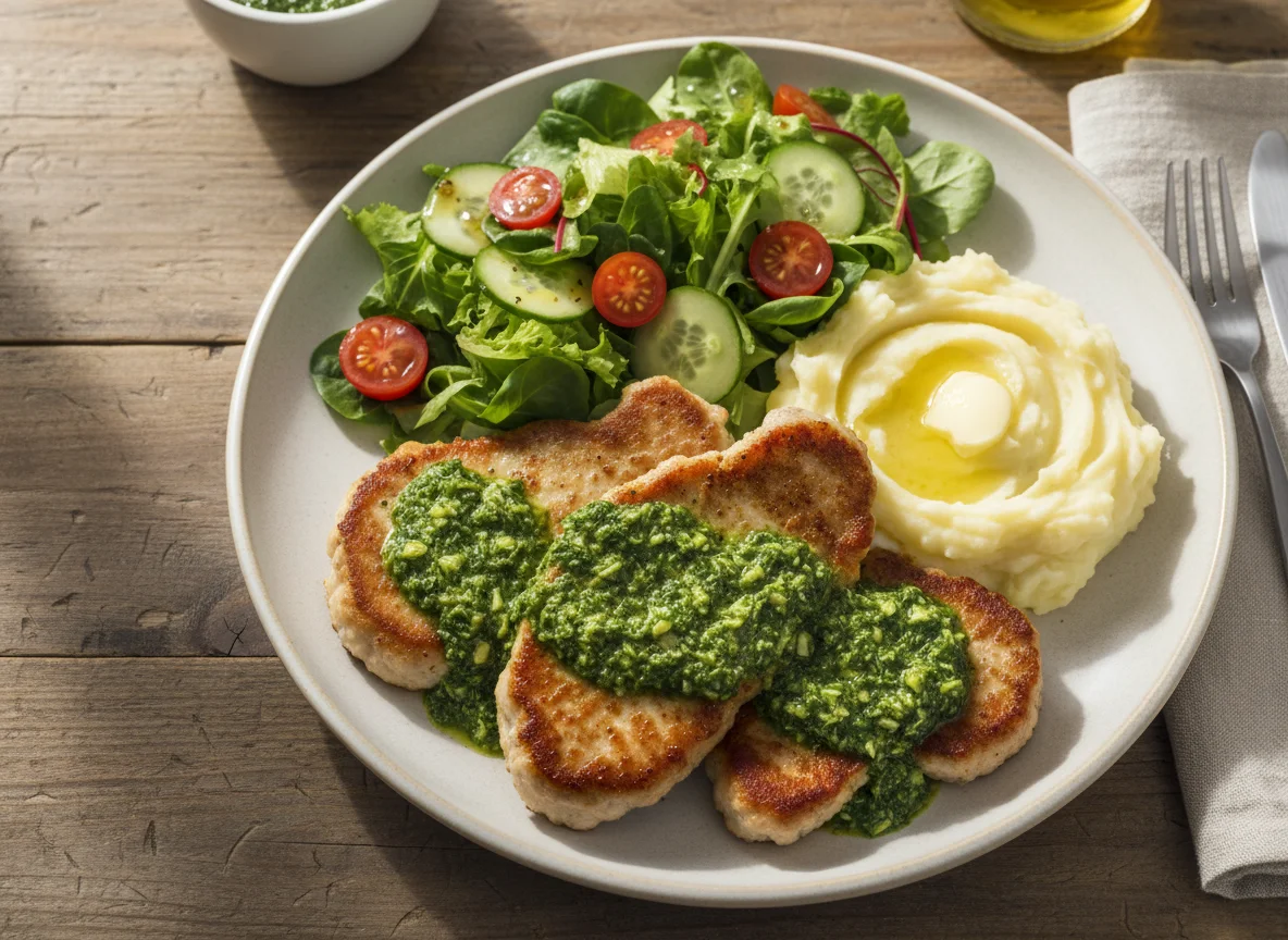 Meat with Green Sauce, Mashed Potatoes, and Side Salad photo
